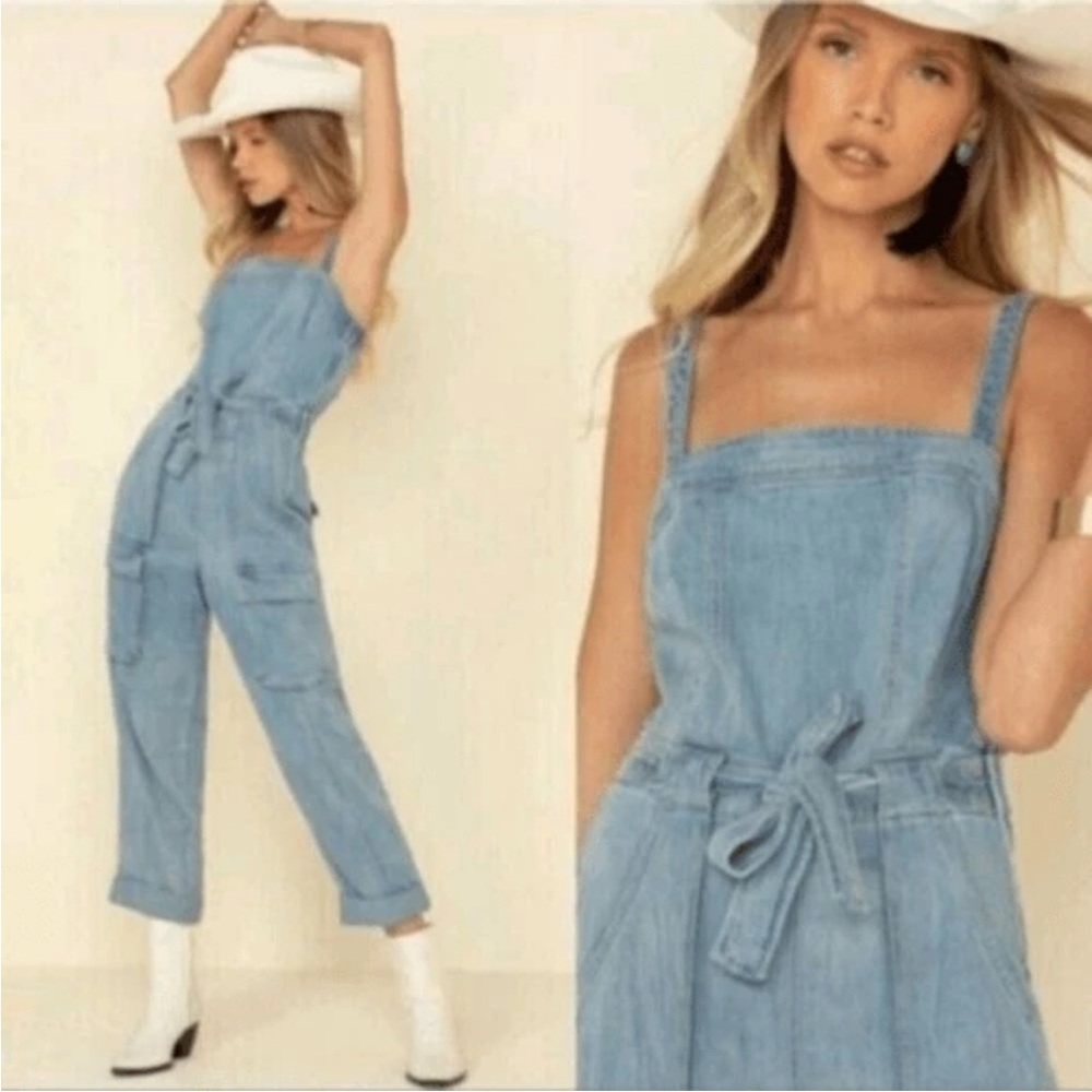 Women's Light Blue Denim Jumpsuit free people size small missing a button